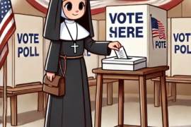 nun standing at a voting poll