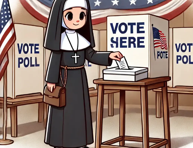 nun standing at a voting poll