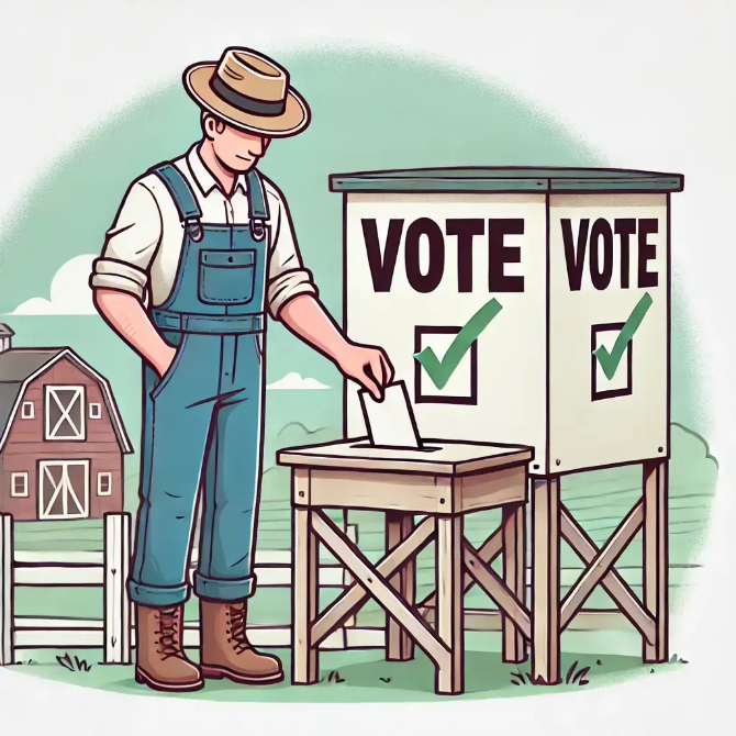 single farmer in overalls and a hat casting a vote at a traditional polling station